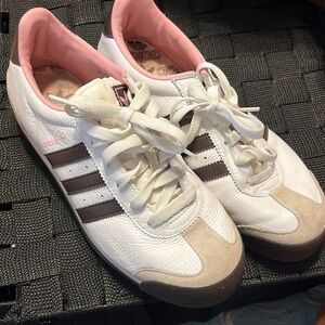 Adidas sneakers. Size 8. White leather with brown stripes and pink trim.